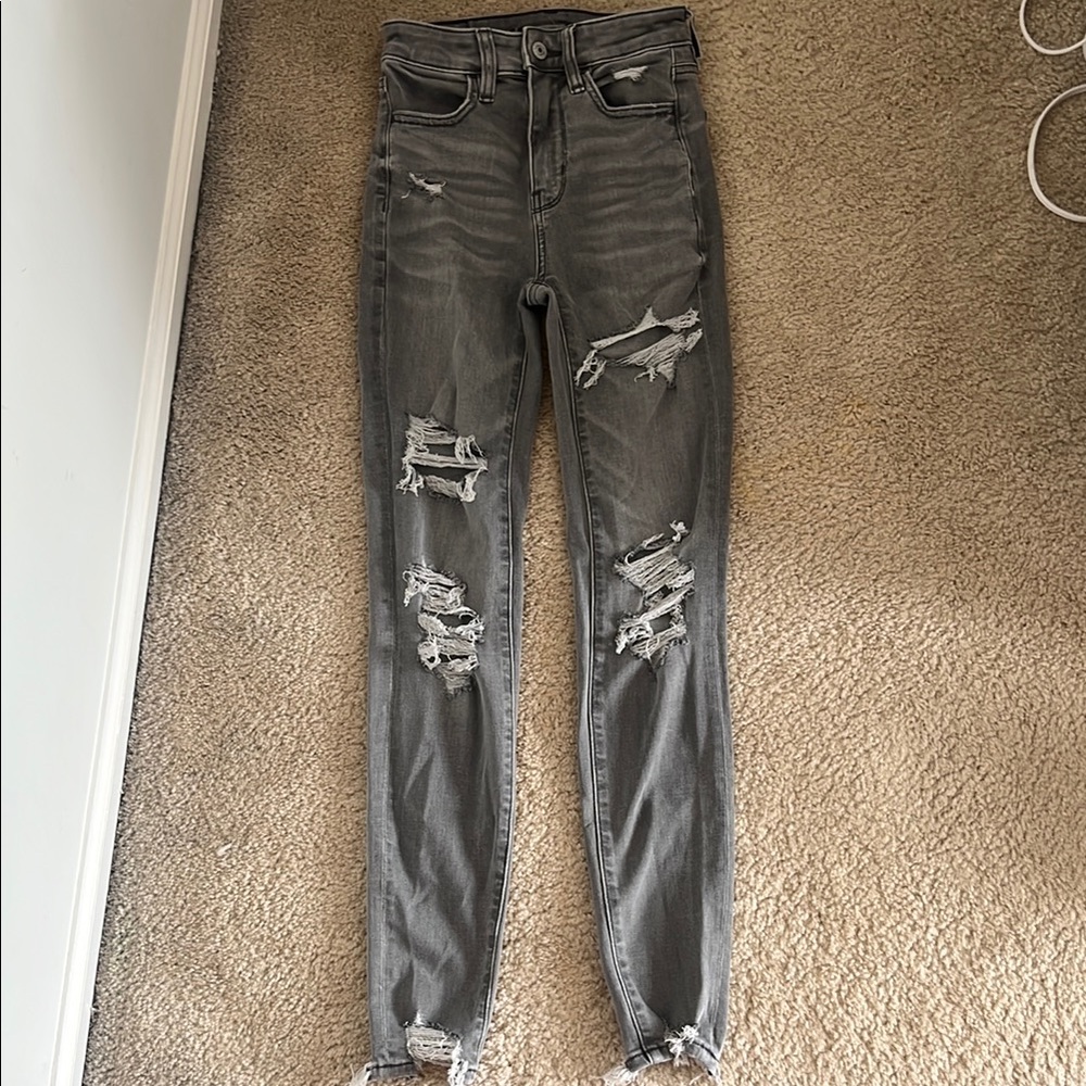 American Eagle Outfitters Gray Skinny Jeans with Distressed Details